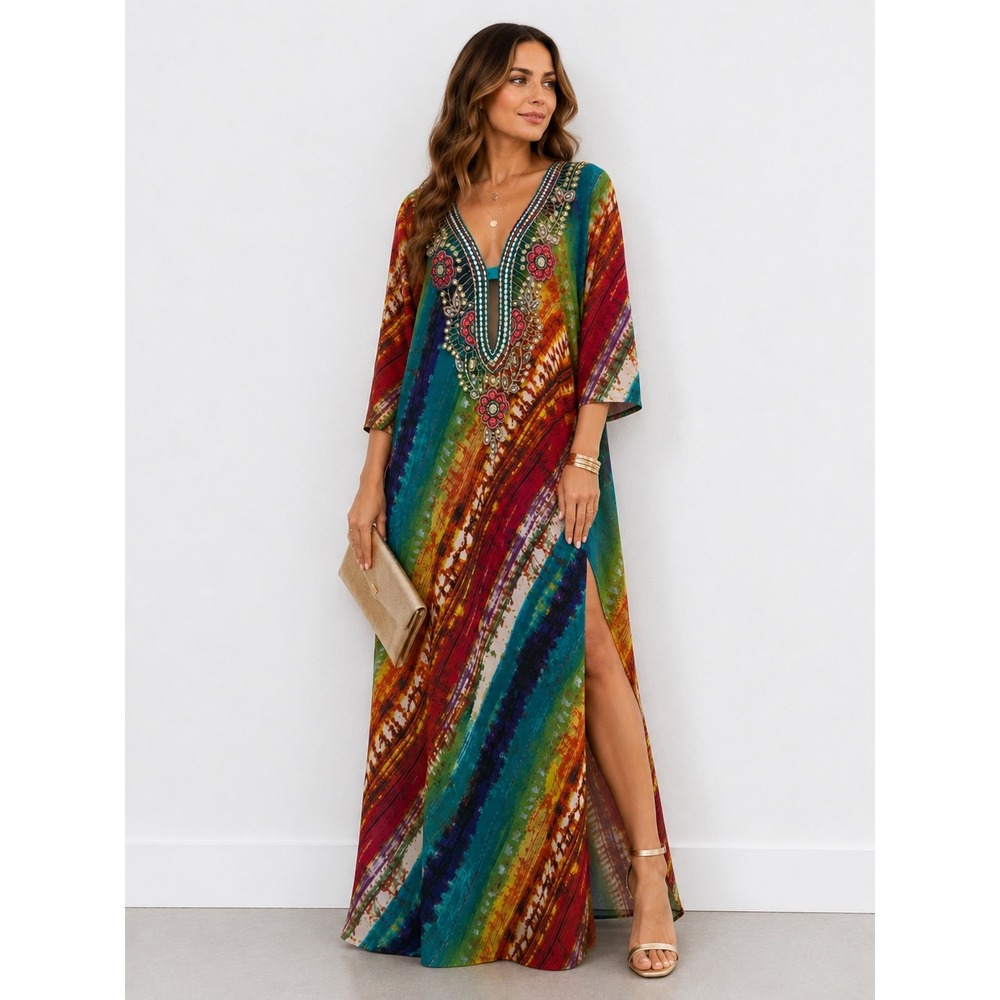 Lucky & Coco Kaftan Maxi Dress/Swim Cover up L Tie Dye Embellished V-Neck Resort